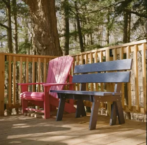 Vibrant outdoor seating on a wooden deck surrounded by forest scenery.